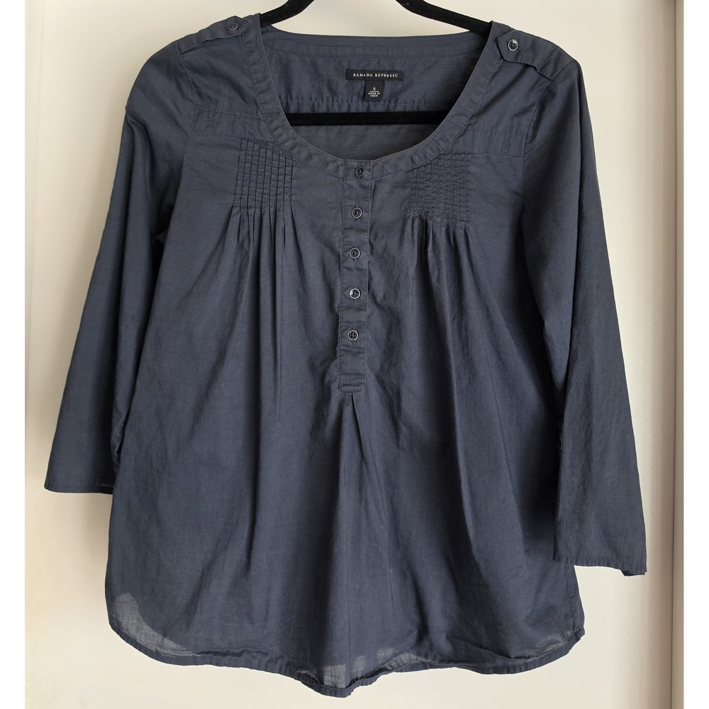 Banana Republic Blouse Women S Dark Gray 100% Cotton Long Sleeve Round Neck Top